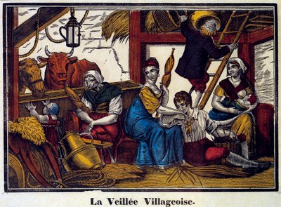 Una notte di vita di villaggio: una famiglia di contadini in un fienile da Unknown artist