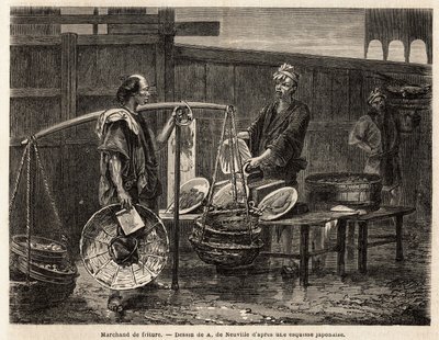 Un venditore ambulante di frittelle, porta i suoi ciambelle in cesti e si reca al mercato per vendere, agli altri commercianti, il pranzo. Incisione per illustrare il viaggio in Giappone, nel 1863-1864, di Aime Humbert, ministro della Confederazione Svizze da Unknown artist