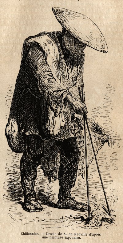Un raccoglitore di stracci, usando lunghi bastoncini afferra gli stracci che ripone nel suo cesto prima di venderli a un grossista. Incisione per illustrare il viaggio in Giappone, di Aime Humbert, ministro della Confederazione Svizzera, nel 1863-1864, pub da Unknown artist