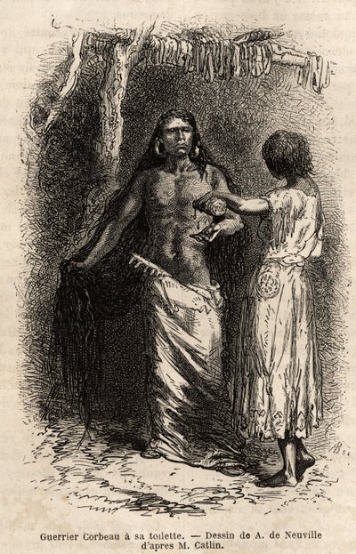 Un guerriero della tribù indiana dei Corvi, che vive lungo il fiume Lewis, fa la sua toilette. Incisione per illustrare un