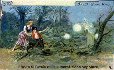 Un fuoco fatuo, una luce diffusa che si vede di notte vicino alle paludi e ai cimiteri, sarebbe uno spirito astuto della tradizione popolare. Cromolitografia del XIX secolo da Unknown artist