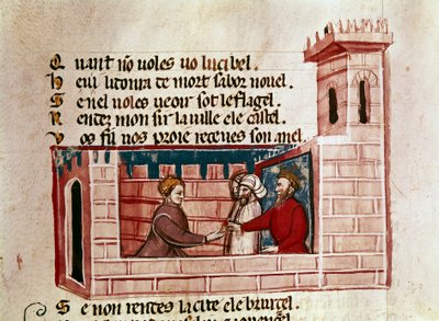 Una donna incontra un re in un castello e gli presenta un dono. Miniatura da 