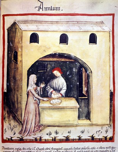 Una giovane donna compra uova da un commerciante. Miniatura dal trattato di medicina e dietetica "Tacuinum sanitatis" da Unknown artist