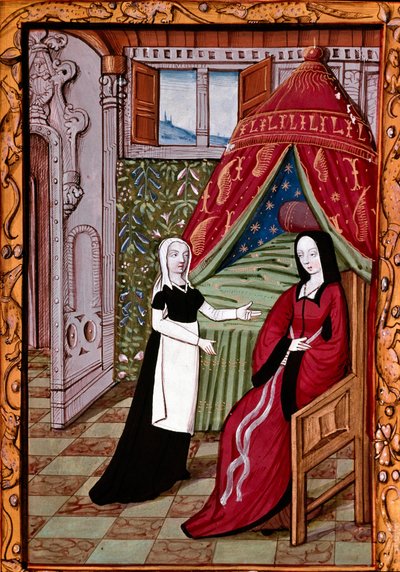 Una giovane donna probabilmente Louise Laval (morta nel 1480) nella sua camera con la sua serva Miniatura tratta da 