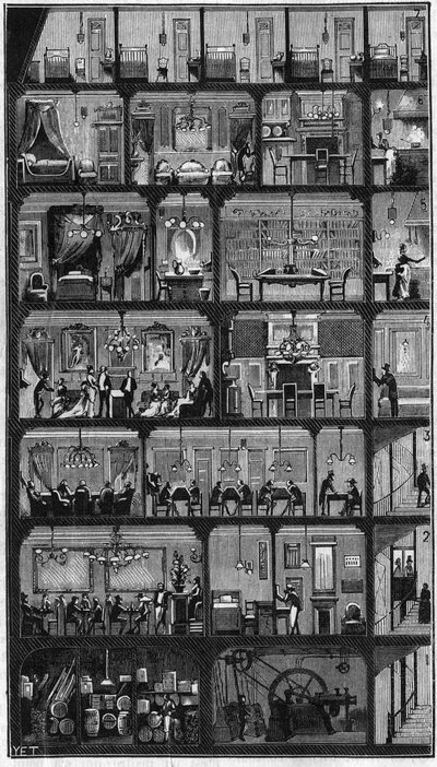 Alloggio a Parigi - Sezione trasversale di un edificio Haussmann a Parigi nel 1885. Al piano superiore le buone stanze e negli altri piani, uffici, appartamenti e sala di ricevimento (riunione). Incisione in "La Natura. Rivista delle scienze e delle loro a da Unknown artist
