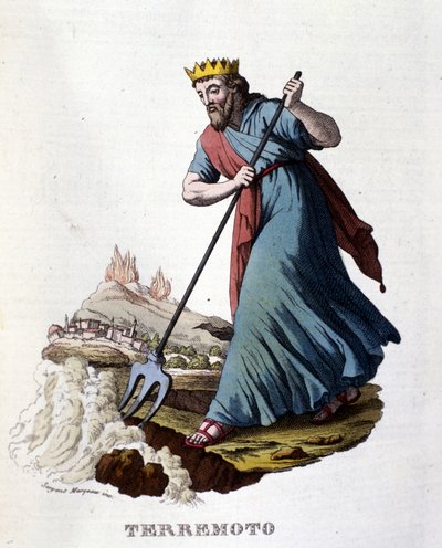 Secondo la mitologia greca, i terremoti sono causati da Nettuno che scuote la terra con il suo tridente. Incisione del XIX secolo da Unknown artist