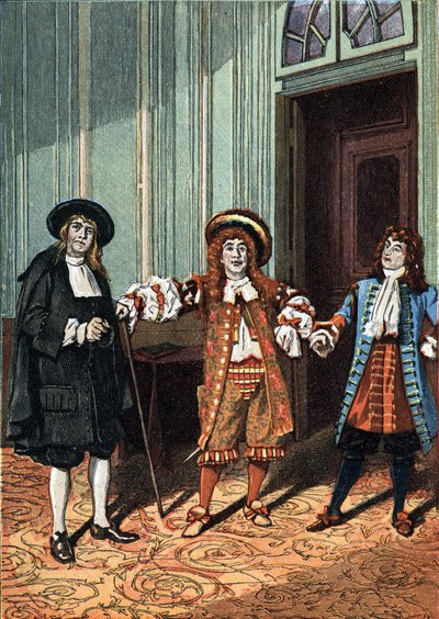 Atto II di "Le Bourgeois Gentilhomme" commedia-balletto in cinque atti in prosa di Molière. Il maestro filosofo (Mr. Lenoir), il maestro di danza (Mr. Truffier), Mr. Jourdain (Mr. Coquelin giovane). Intorno al 1890 da Unknown artist