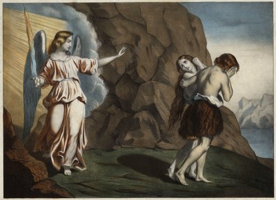 Adamo ed Eva cacciati dal Paradiso. Incisione anonima della metà del XIX secolo. da Unknown artist