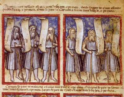 La genealogia di Adamo è seguita da Seth, Enoch (Henoch o Enosh) Kenan, Mahalalel (Mahalaleel) e Jared (o Yared), i grandi patriarchi della Bibbia Miniatura tratta dal codice 212 (o padovano o Bibbia di Padova) 1390-1400 da Unknown artist