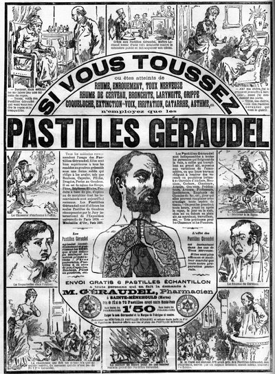 Pubblicità per le compresse Geraudel del farmacista Arthur Geraudel (1841-1906) a Sainte-Menehould contro la tosse. Incisione in "Le monde illustre" da Unknown artist