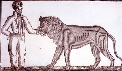 Pubblicità per il circo nel 1800 che raffigura un domatore che mette la mano nella bocca di un leone da Unknown artist