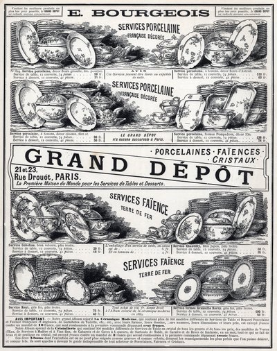 Pubblicità del 1889 per "La Ceramic Moderne By Le Grand Depot De Porcelaines, Faiences Et Verreries Bourgeois a Parigi" da Unknown artist