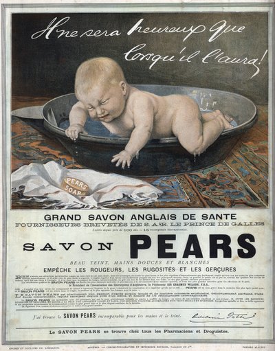 Pubblicità del 1889 per il sapone inglese "Pears", grande sapone inglese per la salute. Un bambino nella sua vasca fa un capriccio (piange) e cerca di prendere il sapone da Unknown artist