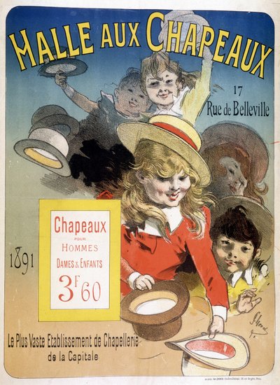 Manifesto Pubblicitario per la "Halle aux Hats", rue de Belleville a Parigi da Unknown artist