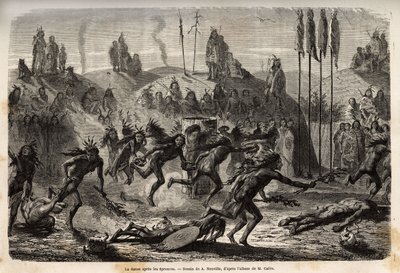 Dopo la cerimonia di auto-donazione al Grande Spirito, i giovani guerrieri abbracciano una danza frenetica e sfrenata, i più deboli vengono trascinati a terra, tra gli indiani Mandans (o noumah ka kie: fagiani), sulla riva sinistra del Missouri. Incisione  da Unknown artist