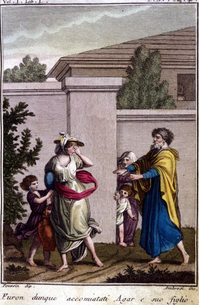 Agar e Ismaele cacciati da Abramo: Agar, che fu congedata, andò con suo figlio, Ismaele, dopo la nascita di Isacco. Incisione dell