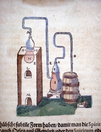 Alchimia: apparecchio per la distillazione, tratto da un libro di Pietro Andrea Mattioli (Matthiole) (1500-1577). Francoforte da Unknown artist