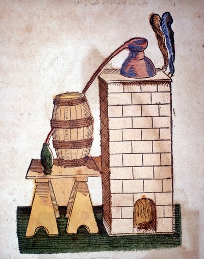 Alchimia: apparecchio per la distillazione. Incisione da un libro di Pietro Andrea Mattioli (Matthiole) (1500-1577). Francoforte da Unknown artist