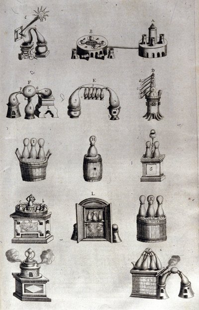 Alchimia: tavola che rappresenta diversi modelli di apparecchi di distillazione e alambicchi. Athanase Kircher (o Athanasius Kircheri 1602-1680), gesuita tedesco. Incisione del XVII secolo. da Unknown artist