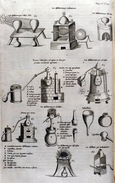 Alchimia: tavola che rappresenta diversi modelli di apparecchi di distillazione e alambicchi. Athanase Kircher (1602-1680), gesuita tedesco. Incisione del XVII secolo da Unknown artist
