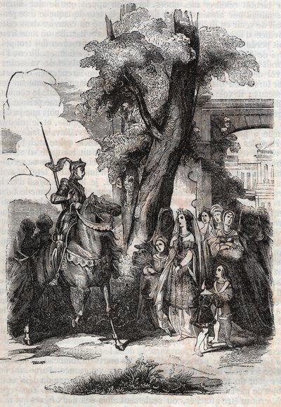 Alcina e la sua corte vengono a salutare Ruggiero - incisione del 1851 dal poema Orlando furioso (1516) di Ludovico Ariosto, edizione tradotta dall