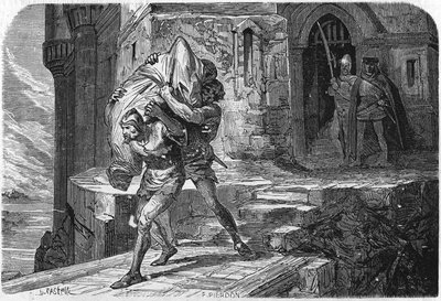 Alessandro, re e bastardo di Borbone, fu cucito in un sacco e gettato nella Senna per sostituirlo con il delfino, il futuro Luigi XI. Incisione del XIX secolo da Unknown artist