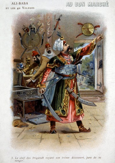 Ali Baba e i 40 ladroni (racconti delle mille e una notte): Il capo dei ladroni vedendo il suo tesoro scoperto, giura vendetta - Cartone della "Buona Marcia", fine XIX secolo da Unknown artist