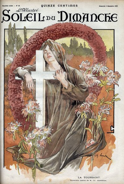 Tutti i Santi. Allegoria della festa dei morti con una donna in abito da lutto su una croce cattolica in un cimitero. Incisione in "Le soleil-du-dimanche", 5 novembre da Unknown artist