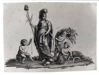 Allegoria della Repubblica Cisalpina creata da Napoleone Bonaparte il 27/06/1797 sul modello francese in Italia, che divenne la Repubblica Italiana nel 1802. Sono rappresentati i simboli della Repubblica Francese. Incisione Museo del Risorgimento, Milano da Unknown artist
