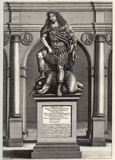 Allegoria che rappresenta il re Luigi XIV (1638-1715) che schiaccia i suoi nemici. Incisione di J. Frosne del 1653. Collezione privata. da Unknown artist
