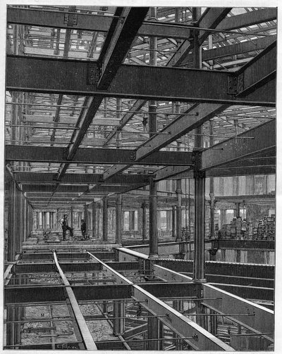 Costruzioni in ferro americane - la struttura del Palace Hotel a Denver Colorado - incisione in "Nature" del 1892 da Unknown artist