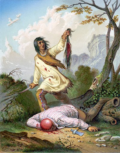 Un indiano americano che tiene un coltello e uno scalpo sopra un uomo sdraiato a terra. Incisione circa 1860 da Unknown artist