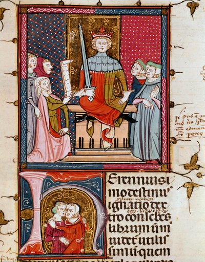 Una donna adultera che appare davanti a un giudice Miniatura da "Justiniani in Fortiatum" Fol. 39 14° secolo Biblioteca Reale del Monastero dell