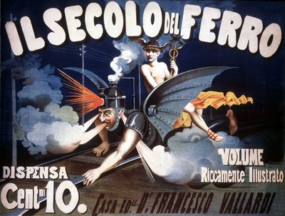 Rappresentazione allegorica di una macchina metà treno, metà drago con volto umano che simboleggia il progresso. "Il Secolo di Ferro". Anonimo della fine del XIX secolo. da Unknown artist