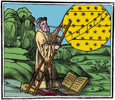 Un astronomo che mette una scala per salire in cielo da Unknown artist