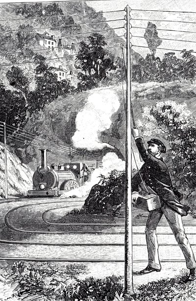 Incisione raffigurante un lavoratore ferroviario che invia un segnale di emergenza su un telegrafo ferroviario da Unknown artist
