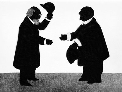 Un incontro immaginato tra Eduard Hanslick (1825 - 1904), musicologo austriaco e il compositore Anton Bruckner (1824 - 1896). Ombra cinese. da Unknown artist