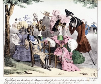 Una Descrizione Ironica della Moda Borghese del XIX Secolo: "Bambole su Sedie, Modelli Carichi di Colletti Finti, Cavalli Finti, Attrazioni Finte; Abiti Ridicoli Sparsi su Carri, su Cavalli o Trascinati nel Fango." In "La silhouette", giornale satirico da Unknown artist