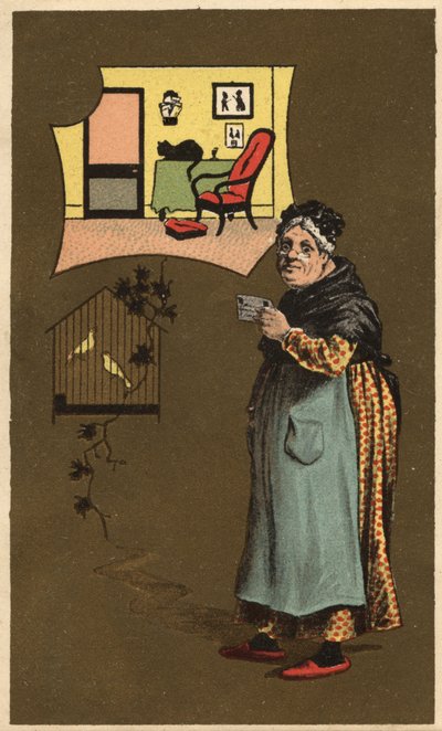 Una vecchia che tiene una tazza vicino a una gabbia con uccelli. Cromolitografia anonima, fine XIX secolo. da Unknown artist