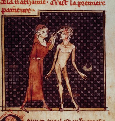 Figura anatomica: il chirurgo incide la fronte di un paziente. Miniatura dal manoscritto “Chirurgia” (Folio 8) scritto da Henri de Mondeville (chirurgo di Filippo il Bello professore di anatomia) da Unknown artist