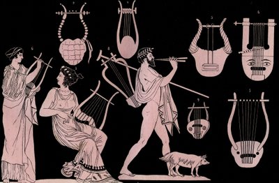 Strumento musicale greco antico: Lira e Cithara - incisione da “Usi e Costumi di Tutti i Popoli dell
