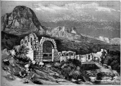 Architettura antica: rovine del tempio romano di Zaghouan (Tunisia). Incisione di Riugel in "Il Mondo Illustre" n.1308 del 22 aprile 1882 da Unknown artist