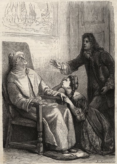Angelique si inginocchia davanti a suo padre che crede morto - incisione per Jean Baptiste Poquelin dit Moliere (L
