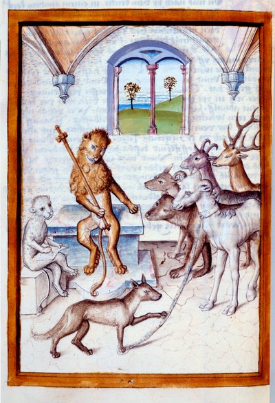 Animali in postura umana: Il leone, re degli animali, dà ordini a capre, cervi e un felino in postura di scriba. Miniatura dalle Fables di Bidpai tradotte in tedesco da Unknown artist