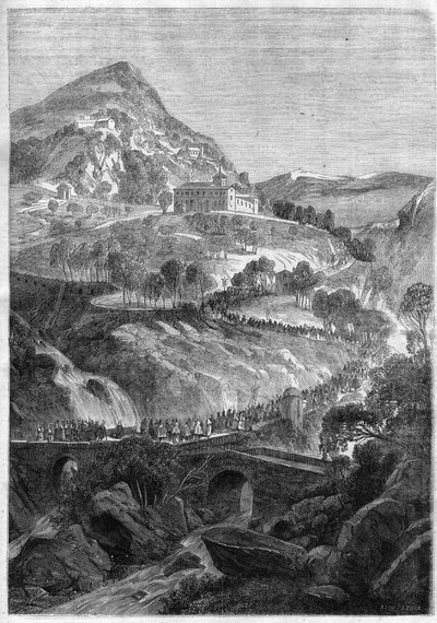Pellegrinaggio annuale del 21 marzo al convento di San Benedetto sul Monte Cavo (Colli Albani) vicino a Roma - Incisione del 1868 da Unknown artist