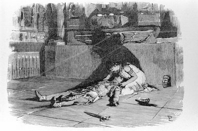Marco Antonio (83 a.C. - 30 a.C.) morente tra le braccia di Cleopatra dopo aver creduto al suicidio di Cleopatra. Incisione del XIX secolo da Unknown artist