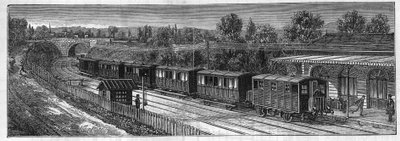 Applicazione delle batterie Faure: Treno elettrico su una linea ferroviaria in una stazione. Incisione in "Le Monde Illustré" da Unknown artist