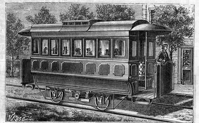Applicazione delle batterie Faure: Tram elettrico, modello della compagnia di Omnibus, alimentato da batterie. Incisione in 