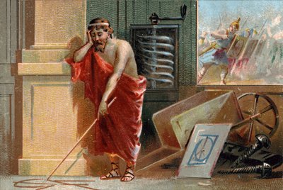 Archimede di Siracusa (287-212 a.C.) che traccia forme geometriche sul terreno, presto fermato dai soldati romani. Nel suo laboratorio si possono riconoscere le sue varie invenzioni: la vite e la carriola. Cromolitografia del XIX secolo da Unknown artist