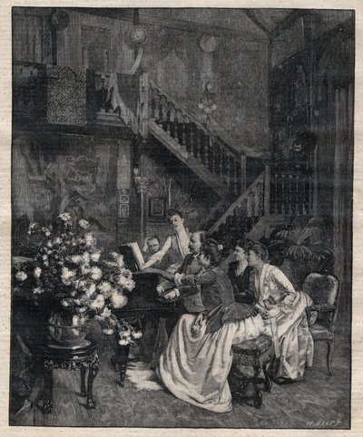 Intorno a uno spartito - Jules Massenet (1842-1912), compositore francese, che suona con amici "Le portrait de Manon" - Incisione in "Le Progres illustré" del 1895 da Unknown artist